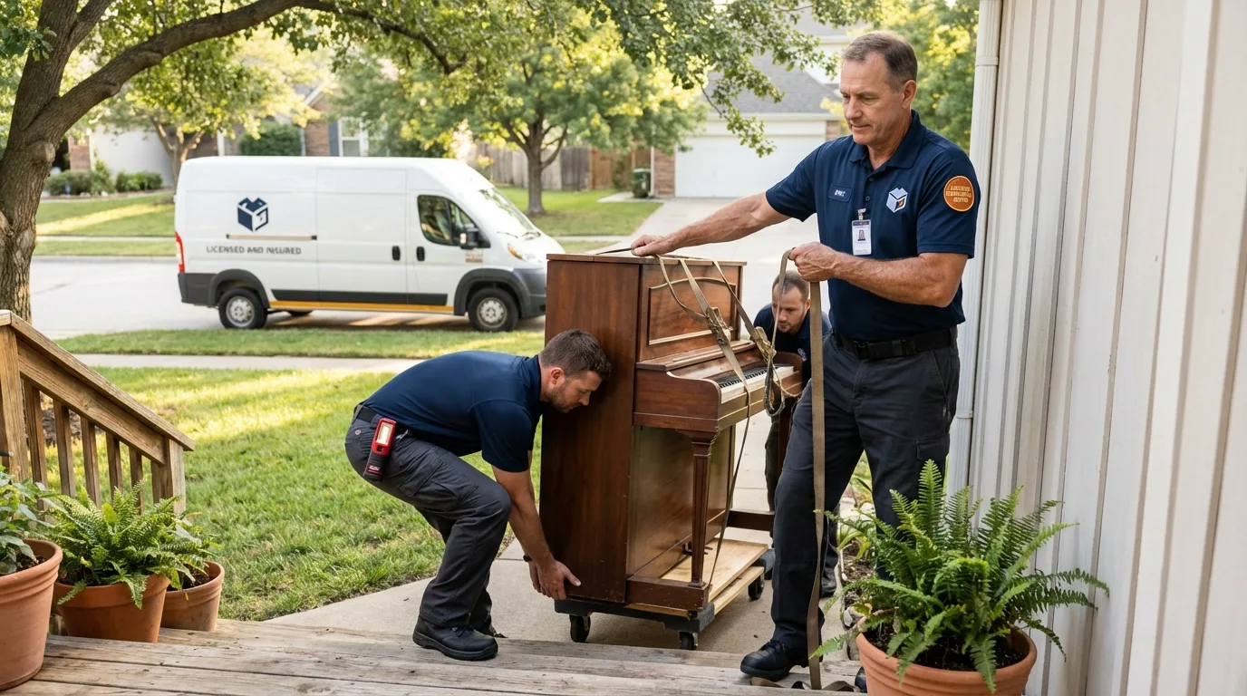 Licensed piano movers securing grand piano in Frankton, IN