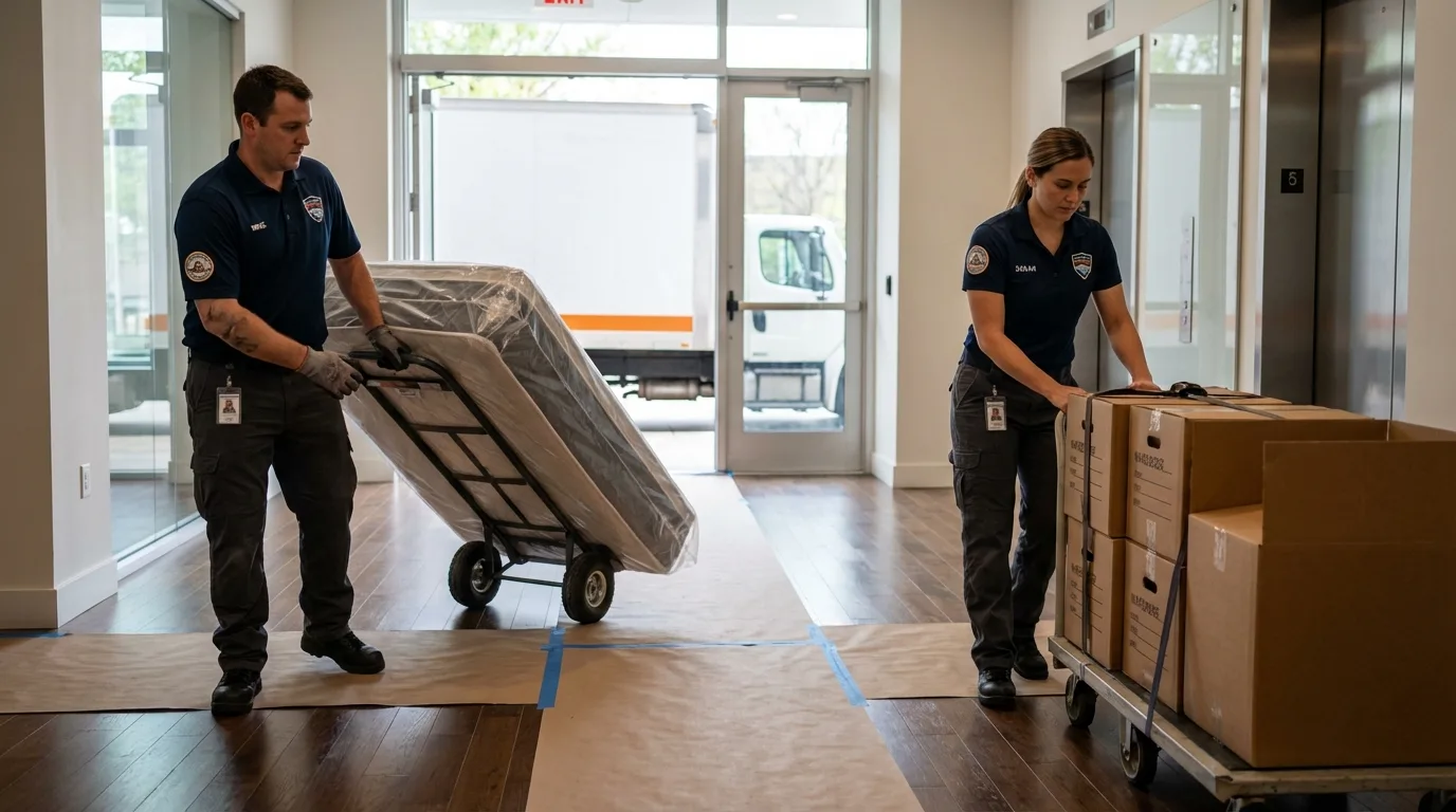 Professional apartment movers loading elevator in Frankton, IN